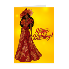 Load image into Gallery viewer, Long Wavy Hairstyle - Happy Birthday Card - Gold &amp; Red Dress &amp; Hat - Smiling African American Woman