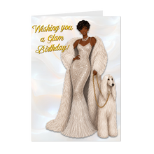 Load image into Gallery viewer, Short Pixie Hairstyle - Wishing You A Glam Birthday - Smiling African American Woman - Sparkle White Dress - Fancy Dog