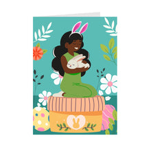 Load image into Gallery viewer, Easter Girl &amp; Bunny - African American Girl - Black Card Shop (Blue) Front