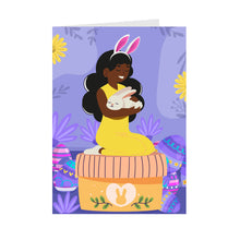 Load image into Gallery viewer, Easter Girl &amp; Bunny - African American Girl - Black Card Shop (Purple) Front