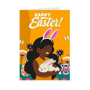 Easter Girl & Bunny - African American Girl - Black Card Shop (Yellow) Front
