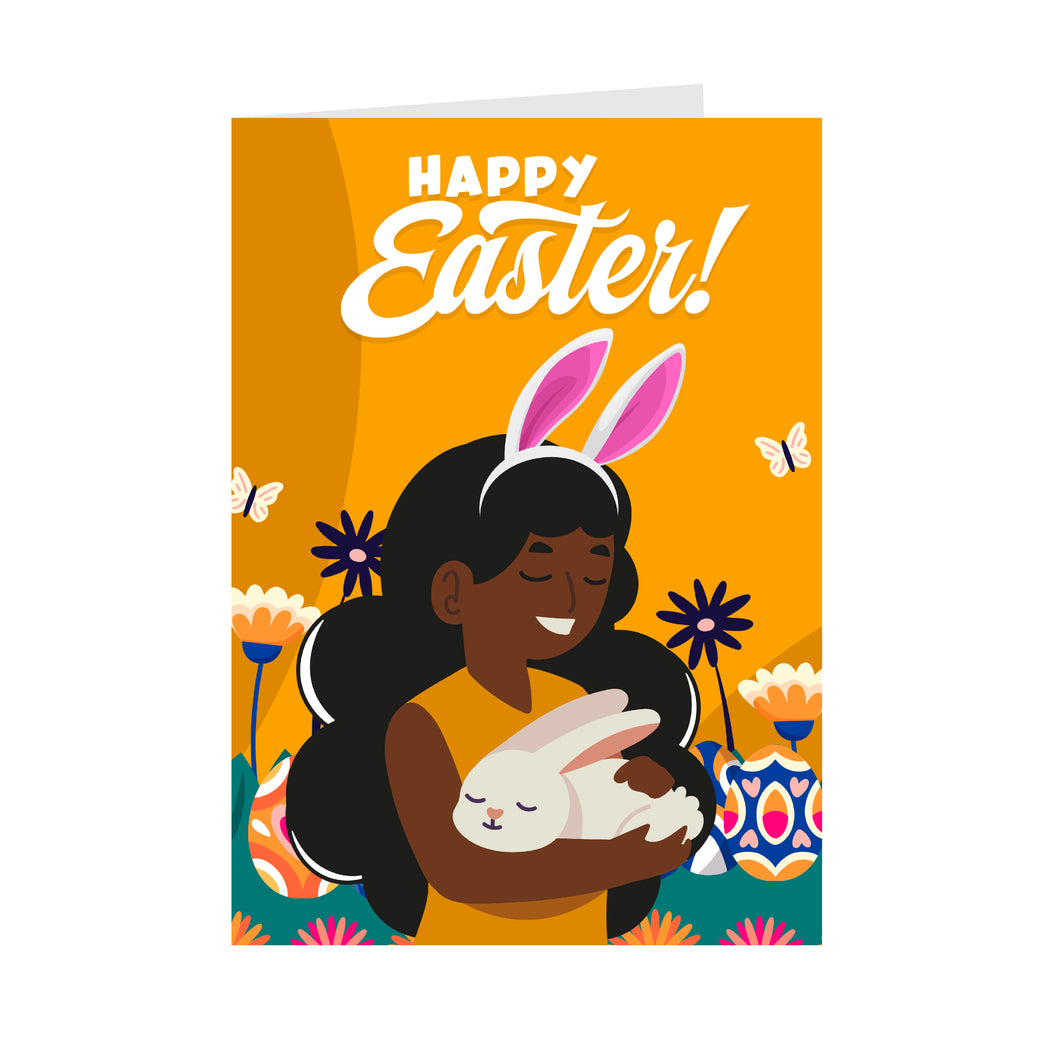 Easter Girl & Bunny - African American Girl - Black Card Shop (Yellow) Front