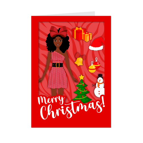 Festive African American Doll - Christmas Greeting Card (Curly Hair - Red)