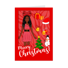Load image into Gallery viewer, Festive African American Doll - Christmas Greeting Card (Braids Hairstyle with Beads - Red)