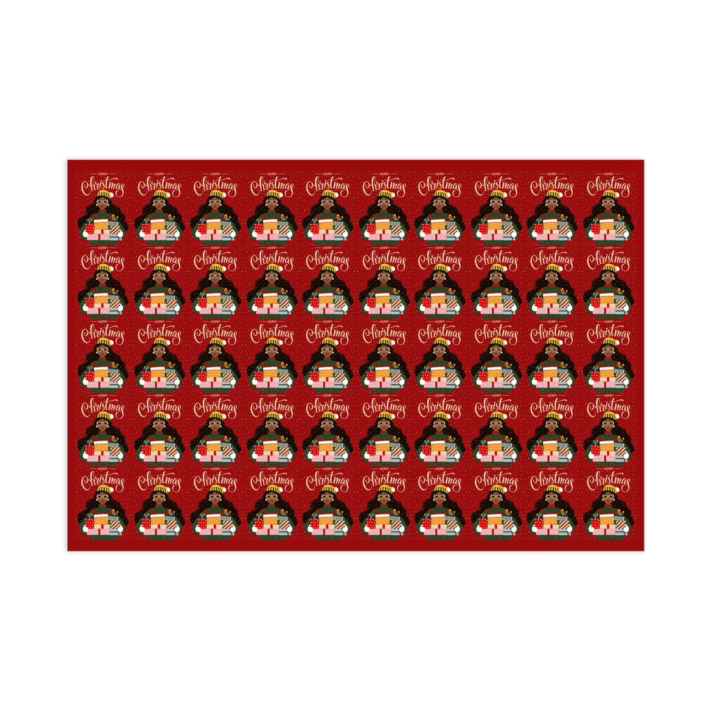 Girl, Glasses & Presents - Merry Christmas - African American Gift Wrapping Paper Roll