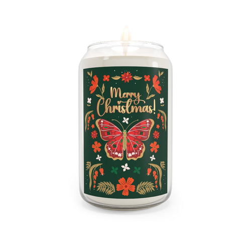 Festive Merry Christmas Scented Soy Candle - 13.75oz with Butterfly Design (Green)