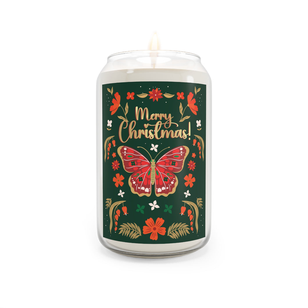 Festive Merry Christmas Scented Soy Candle - 13.75oz with Butterfly Design (Green)