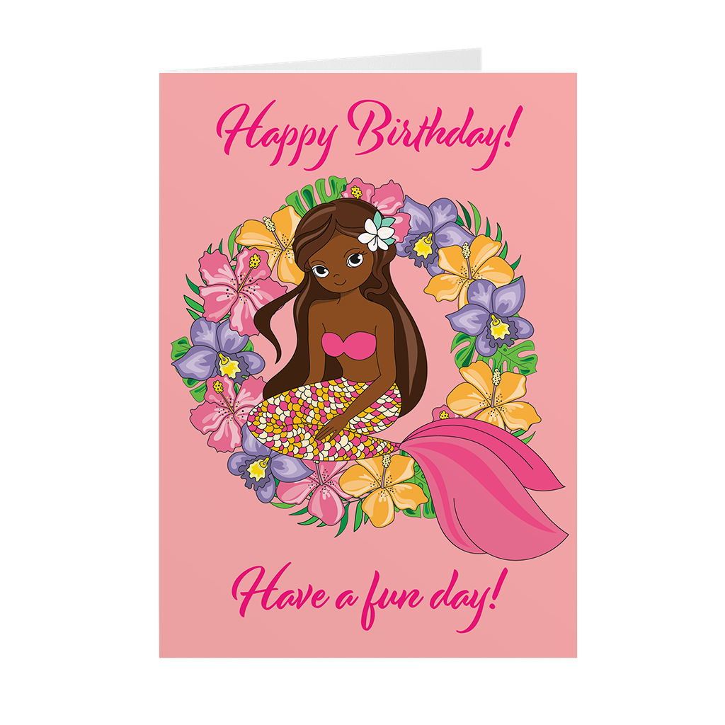 African American Floral Mermaid - Have Fun - Birthday Card Shop (Pink)