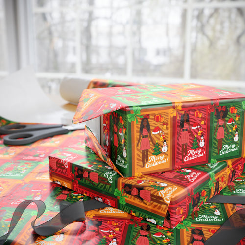 African American Christmas Doll Gift Wrapping Paper Roll (Variety of Hairstyles | A)