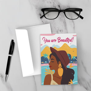 African American Fashionista - You Are Beautiful Greeting Cards - Front (With Background)