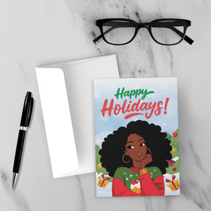 African American Festive Fashionista - Happy Holidays - Card Shop - Front (With Background)