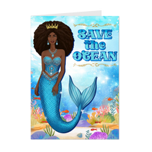 Load image into Gallery viewer, African American Mermaid Queen - Save the Ocean - Black Card Shop - Blue Ocean Greeting Card - Afro Hairstyle