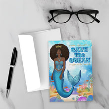 Load image into Gallery viewer, African American Mermaid Queen - Save the Ocean - Black Card Shop - Blue Ocean Greeting Card - Afro Hairstyle