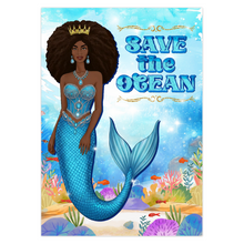 Load image into Gallery viewer, African American Mermaid Queen - Save the Ocean - Black Card Shop - Blue Ocean Greeting Card - Afro Hairstyle
