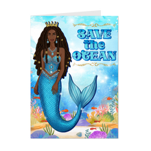 Load image into Gallery viewer, African American Mermaid Queen - Save the Ocean - Black Card Shop - Blue Ocean Greeting Card - Dreadlocks Hairstyle