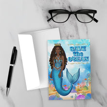 Load image into Gallery viewer, African American Mermaid Queen - Save the Ocean - Black Card Shop - Blue Ocean Greeting Card - Dreadlocks Hairstyle