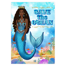 Load image into Gallery viewer, African American Mermaid Queen - Save the Ocean - Black Card Shop - Blue Ocean Greeting Card - Dreadlocks Hairstyle
