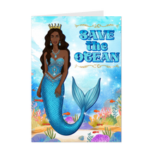 Load image into Gallery viewer, African American Mermaid Queen - Save the Ocean - Black Card Shop - Blue Ocean Greeting Card - Long Wavy Hairstyle