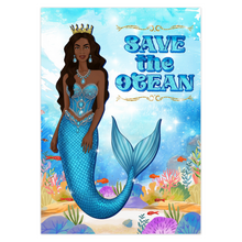 Load image into Gallery viewer, African American Mermaid Queen - Save the Ocean - Black Card Shop - Blue Ocean Greeting Card - Long Wavy Hairstyle