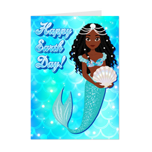 Load image into Gallery viewer, African American Mermaid Scales - Happy Earth Day - Black Card Shop - Blue Ocean Greeting Card - Braided Hairstyle