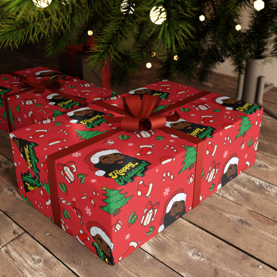 Happy Black Santa - Happy Holidays - Red Gift Wrapping Paper Roll