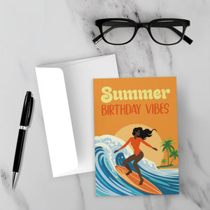 African American Surfer - Summer Birthday Vibes - Greeting Card Shop - Front (With Background)
