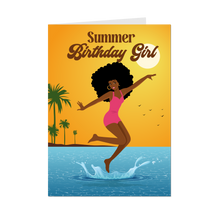Load image into Gallery viewer, Beach Fun - Summer Birthday Girl - African American Birthday Cards (Curly Hair)