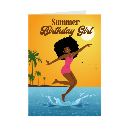 Beach Fun - Summer Birthday Girl - African American Birthday Cards (Curly Hair)
