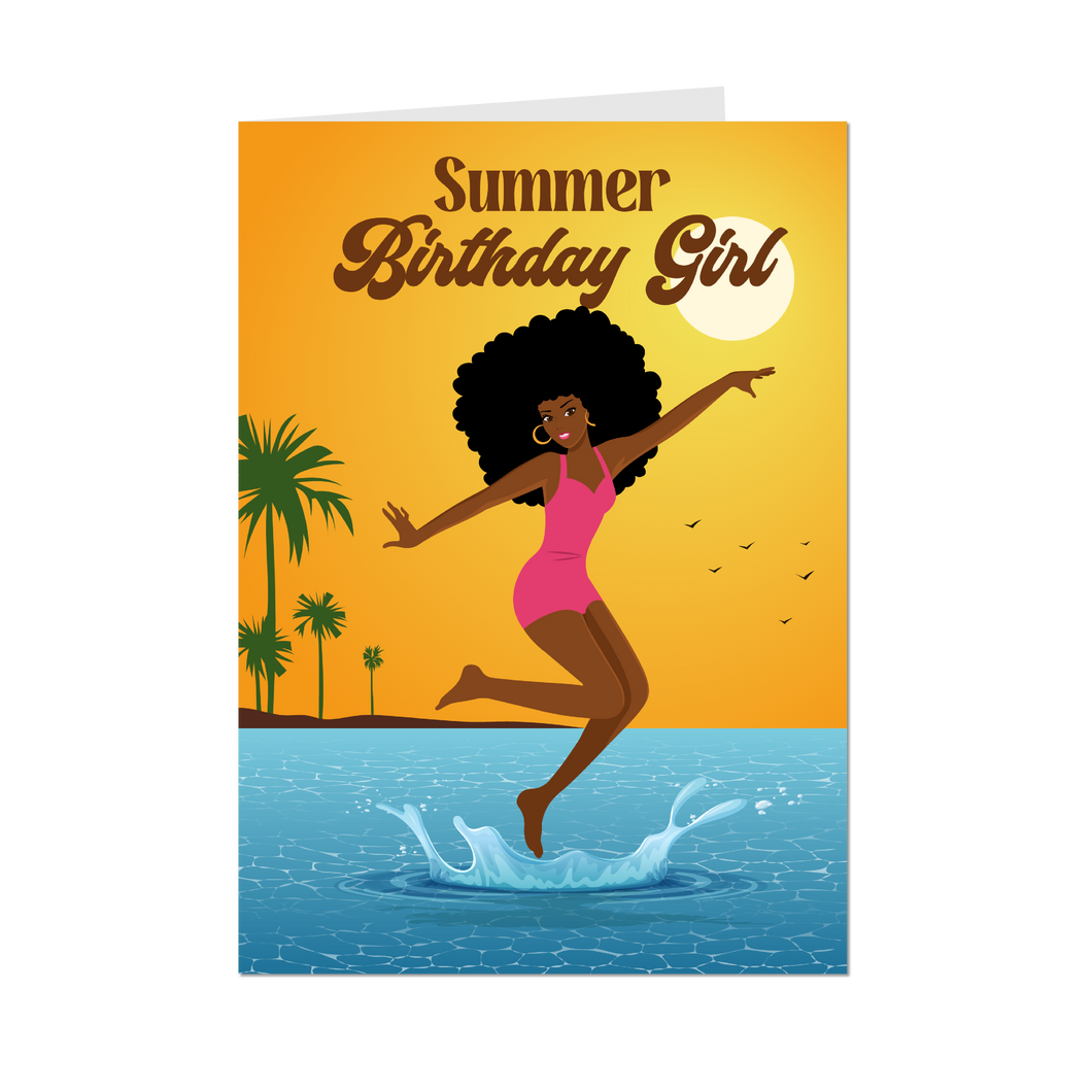 Beach Fun - Summer Birthday Girl - African American Birthday Cards (Curly Hair)