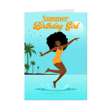 Load image into Gallery viewer, Beach Fun - Summer Birthday Girl - African American Birthday Cards (Curly Hair &amp; Yellow Swimsuit)