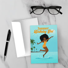 Load image into Gallery viewer, Beach Fun - Summer Birthday Girl - African American Birthday Cards (Curly Hair &amp; Yellow Swimsuit) front