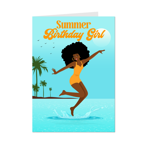 Beach Fun - Summer Birthday Girl - African American Birthday Cards (Curly Hair & Yellow Swimsuit)