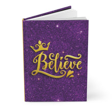 Load image into Gallery viewer, Believe Hardcover Journal — Purple &amp; Gold Glitter Design Inspirational Notebook