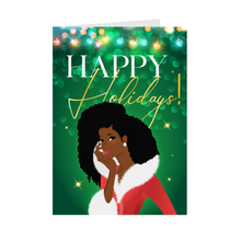 Load image into Gallery viewer, Big Hair - African American Woman - Happy Holiday Cards (Green) - Front