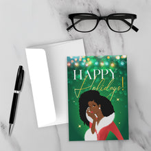 Load image into Gallery viewer, Big Hair - African American Woman - Happy Holiday Cards (Green) - Front (With Background)