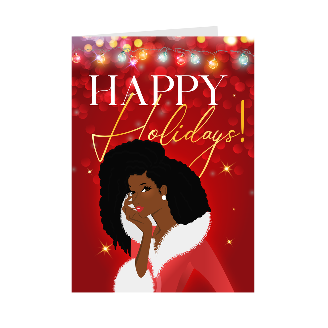 Big Hair - African American Woman - Happy Holiday Cards (Red) - Front