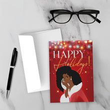 Load image into Gallery viewer, Big Hair - African American Woman - Happy Holiday Cards (Red) - Front (With Background)