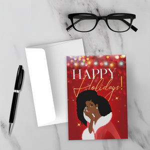 Big Hair - African American Woman - Happy Holiday Cards (Red) - Front (With Background)