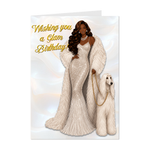 Load image into Gallery viewer, Long Hairstyle - Wishing You A Glam Birthday - Smiling African American Woman - Sparkle White Dress - Fancy Dog