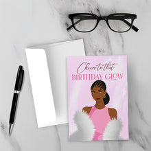 Load image into Gallery viewer, Birthday Fancy Woman - Cheers to that Birthday Glow - Black Card Shop - Front (With Background)