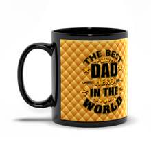 Load image into Gallery viewer, Black Coffee Mug— "The Best Dad Hero in the World" Gold Quilted Gold &amp; Black Design Father's Day Gift