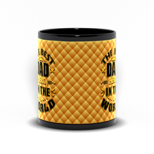 Load image into Gallery viewer, Black Coffee Mug— "The Best Dad Hero in the World" Gold Quilted Gold &amp; Black Design Father's Day Gift