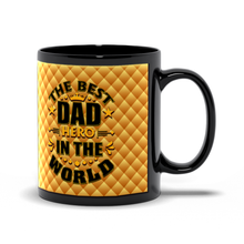 Load image into Gallery viewer, Black Coffee Mug— "The Best Dad Hero in the World" Gold Quilted Gold &amp; Black Design Father's Day Gift
