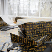 Load image into Gallery viewer, Black &amp; Gold - Happy Birthday Gift Wrapping Paper Roll - Wrapped Gifts