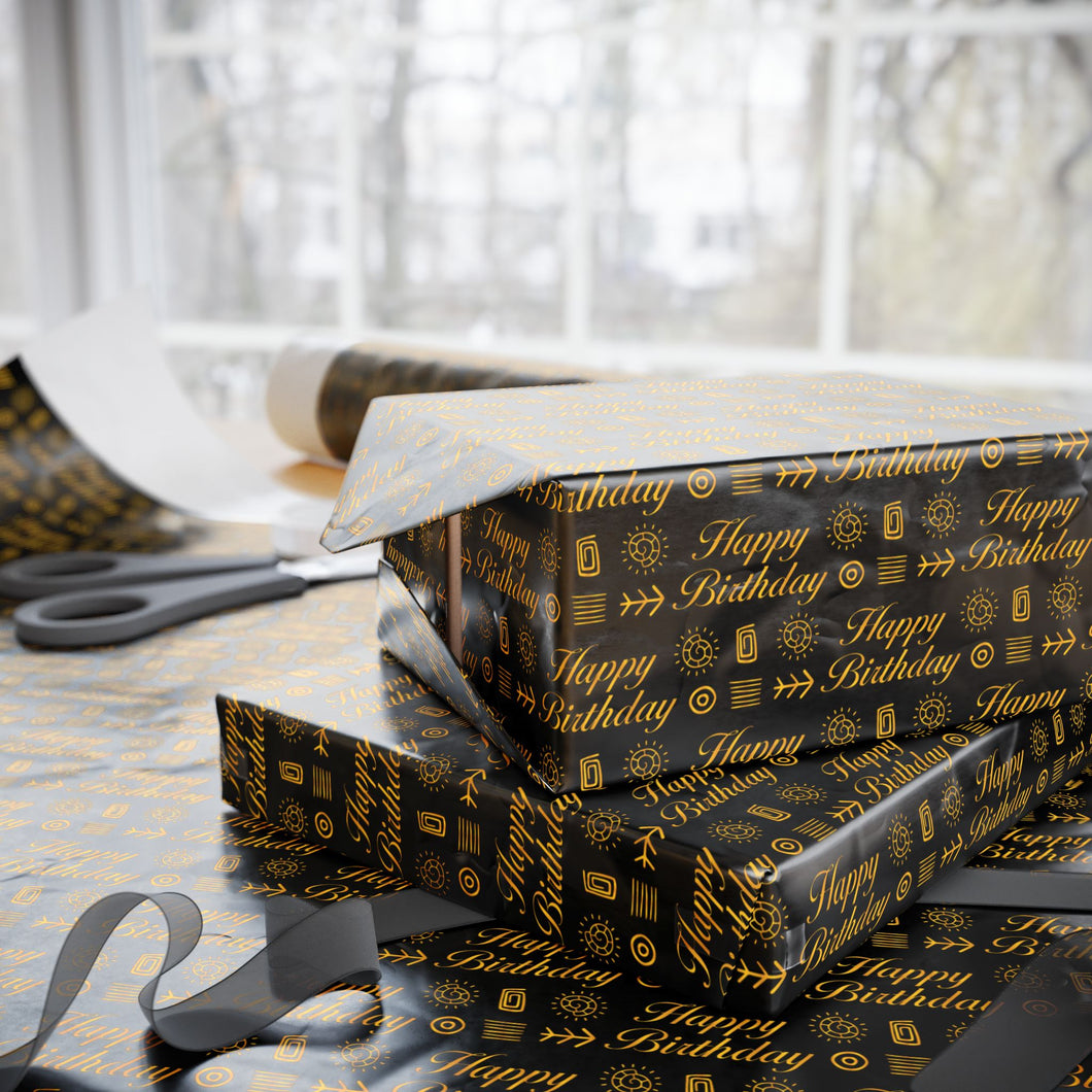 Black & Gold - Happy Birthday Gift Wrapping Paper Roll - Wrapped Gifts