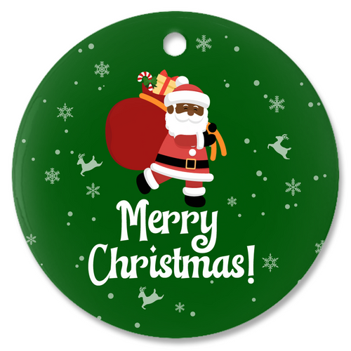 Black Santa & Reindeer - Merry Christmas Porcelain Ornaments (Green)