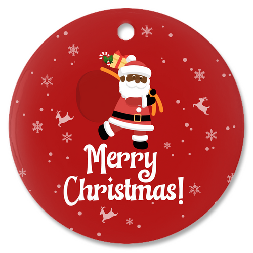 Black Santa & Reindeer - Merry Christmas Porcelain Ornaments (Red)