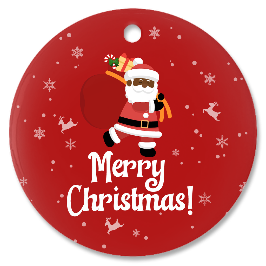 Black Santa & Reindeer - Merry Christmas Porcelain Ornaments (Red)