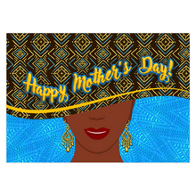 Load image into Gallery viewer, Blue &amp; Gold African Print Hat - Stylish Black Mom - African American Greeting Card Shop - Smiling Mother - Unique Design - Holiday Cards