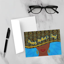 Load image into Gallery viewer, Blue &amp; Gold African Print Hat - Stylish Black Mom - African American Greeting Card Shop - Smiling Mother - Unique Design - Holiday Cards